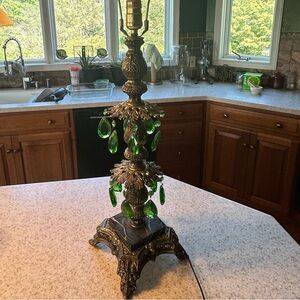 Vintage Table Lamp With Marble & Green Crystals For Refurbishing